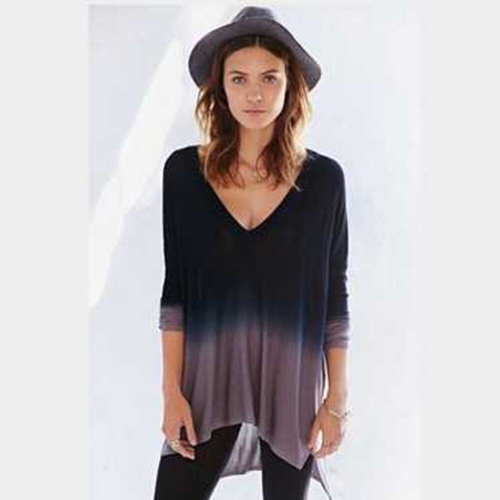 Pins and Needles Blue Ombre Dip Dye V Neck Long Sleeve Tunic Blouse Top Size S
